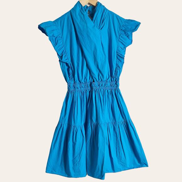 Line + Dot Ocean Blue Ruffled Flounce Poplin Mini Dress Size M - Picture 5 of 11
